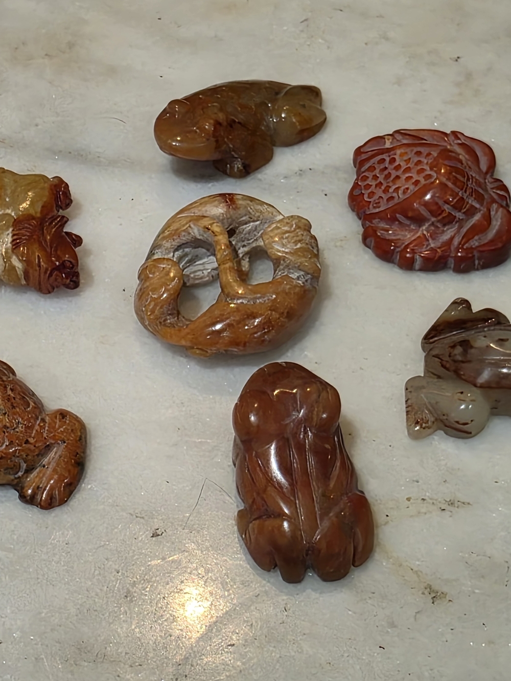 7 Chinese Hand-Carved Jade & Hardstone Animal Figurine Beads